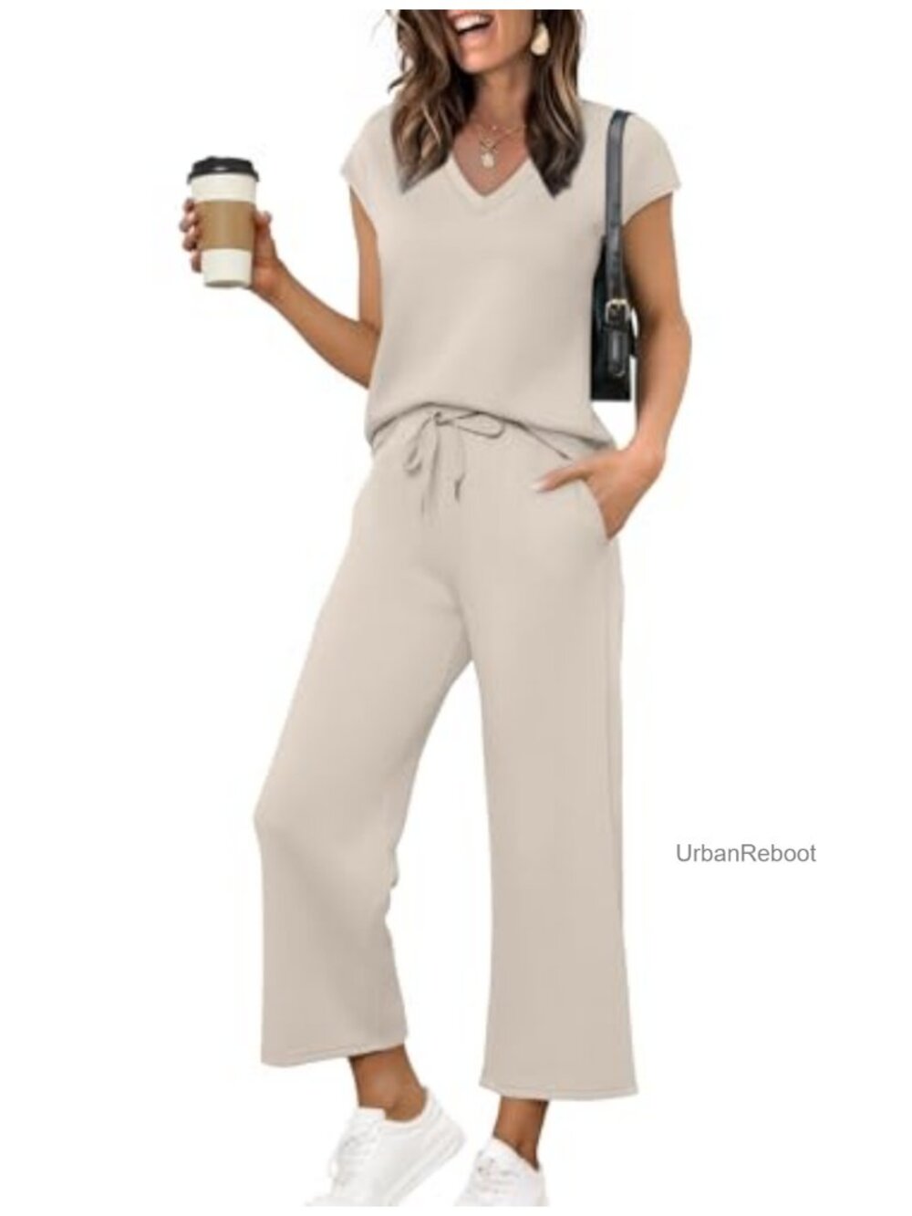 Two Piece Lounge Set V Neck Top Wide Leg Pants Vacation Outfit